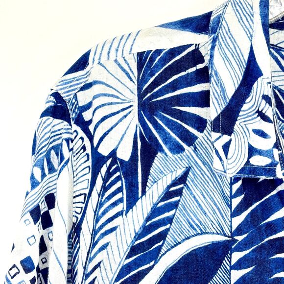 J. MCLAUGHLIN Women’s XL Blue Linen LS Button-Up Top Blouse Tropical Palm Floral - Picture 4 of 14